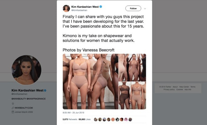 Kim Kardashian West's announcement post on Twitter. Launch of her shape wear line Kimono.