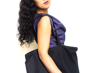 Handmade purple silk top and black nylon tote bag with zipper, lining and inner pocket,